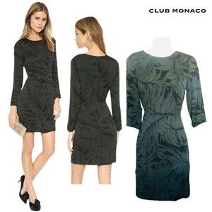 Club Monaco Emmala Silk Blend Mini Dress in Black, Green Leaf Print Size…